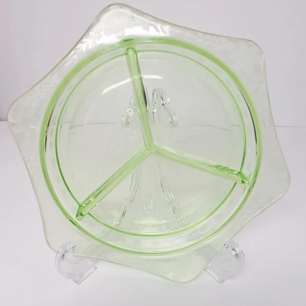 Vtg Green Uranium Vaseline Glass 3 Part Serving Dish Jewelry organizer Trinket